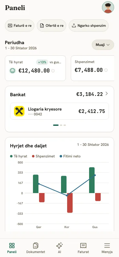 Paneli i Zen365 në telefon: të hyrat, shpenzimet, bankat dhe grafiku i muajit