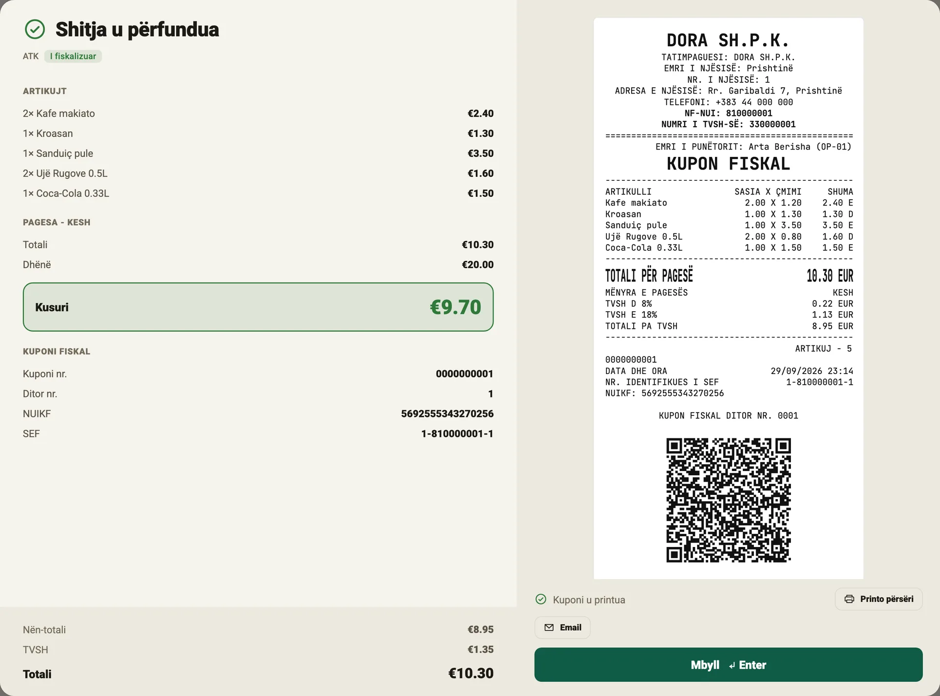 Zen365 POS në tablet: shitja e përfunduar, kusuri dhe kuponi fiskal i printuar
